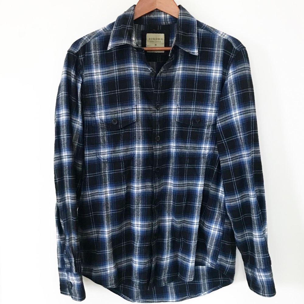 Sonoma Blue Black Plaid Casual Button Down